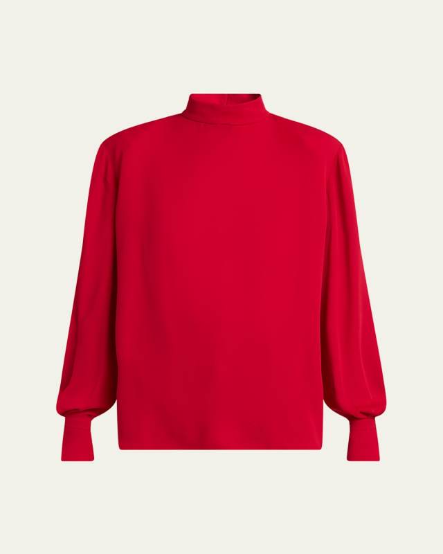 Mock-Neck Silk Long-Sleeve Top